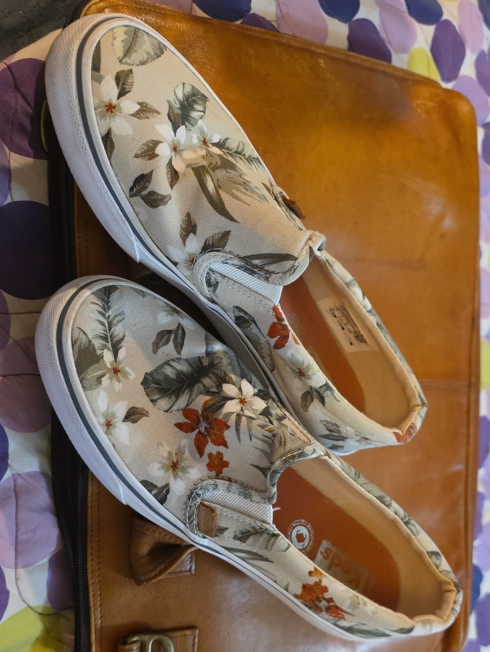 Keds Floral Slip-On Sneakers in White with Green & Rust Accents